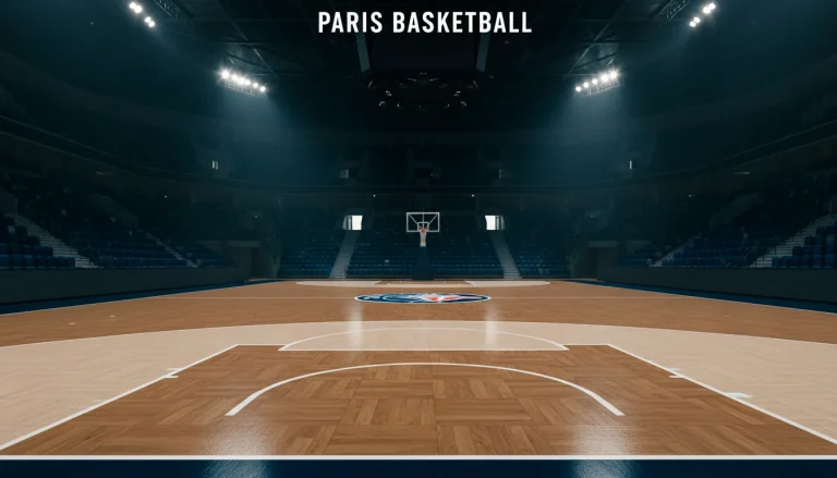 Terrain de basketball NBA avec panier et parquet en bois vernis