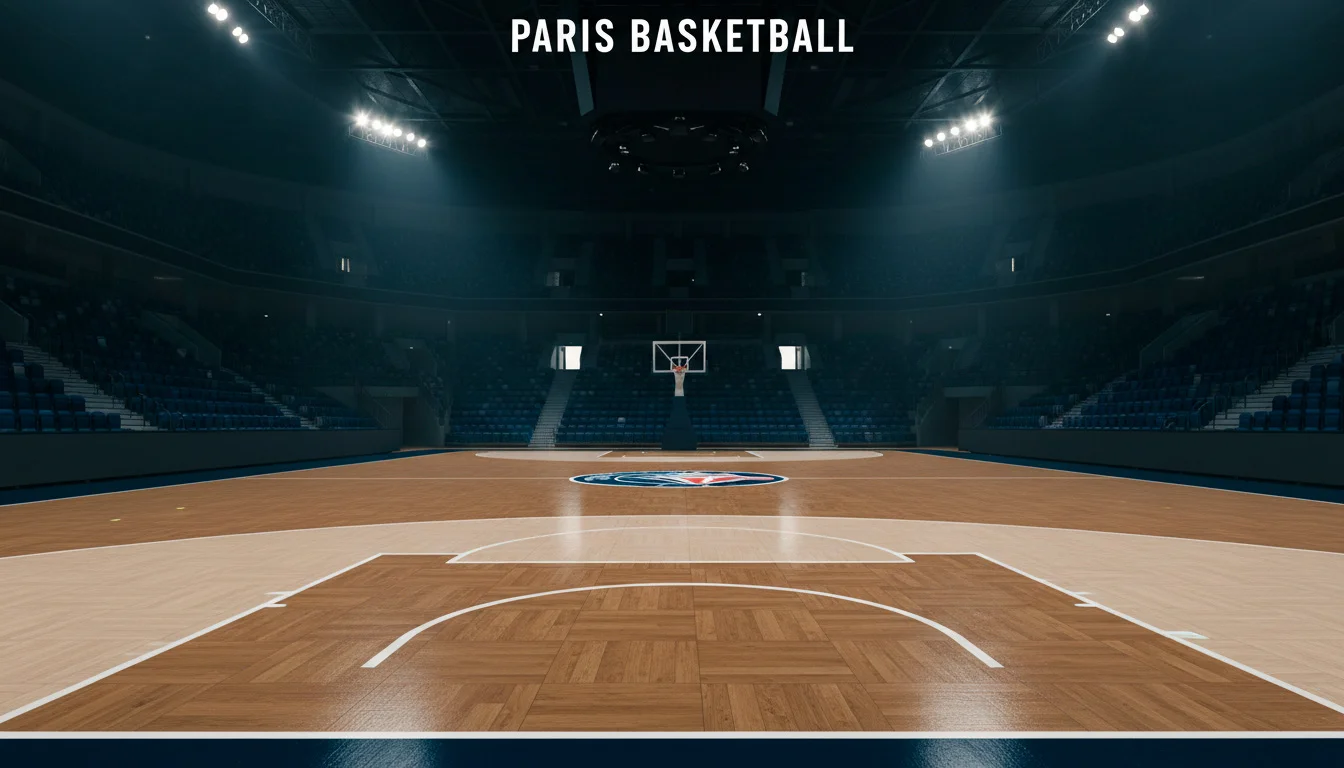 Terrain de basketball NBA avec panier et parquet en bois vernis