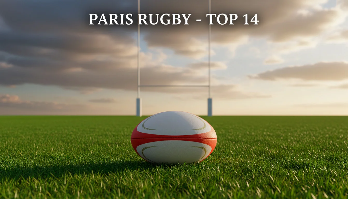 Ballon de rugby ovale sur pelouse de stade avec poteaux en arrière-plan