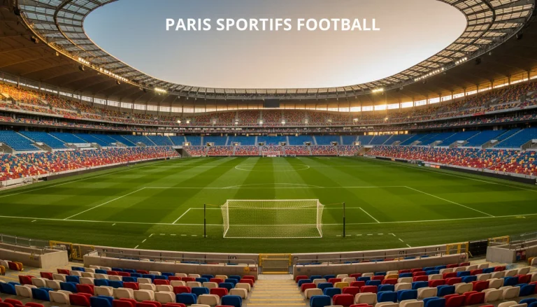 Stade de football avec terrain en gazon naturel vu depuis les tribunes