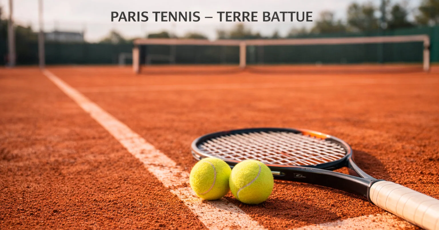 Court de tennis en terre battue avec raquette et balles jaunes